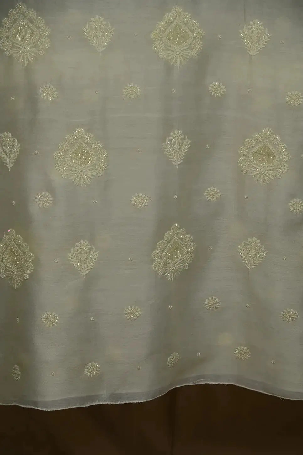 Mul Chanderi Length with Dupatta (with Pearl) - Light Yellow - Lucknawi Chikankari