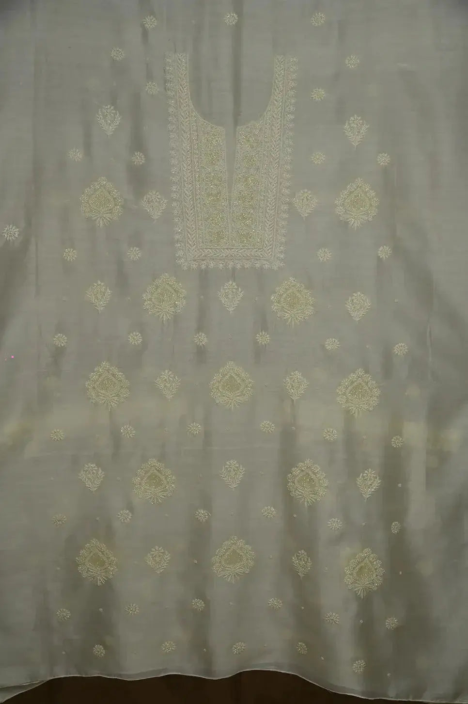 Mul Chanderi Length with Dupatta (with Pearl) - Light Yellow - Lucknawi Chikankari