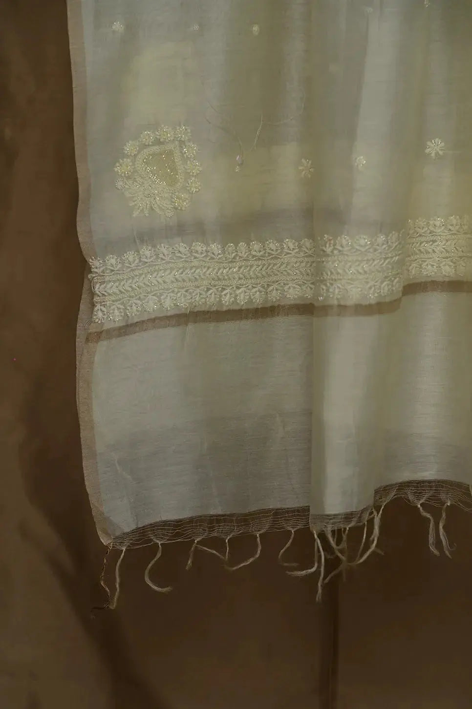 Mul Chanderi Length with Dupatta (with Pearl) - Light Yellow - Lucknawi Chikankari