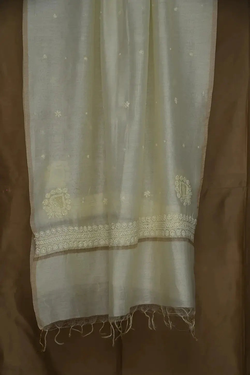 Mul Chanderi Length with Dupatta (with Pearl) - Light Yellow - Lucknawi Chikankari