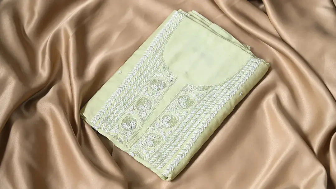 Chanderi Length with Dupatta - Light Green with Handcrafted Lucknawi Chikankari Embellishments