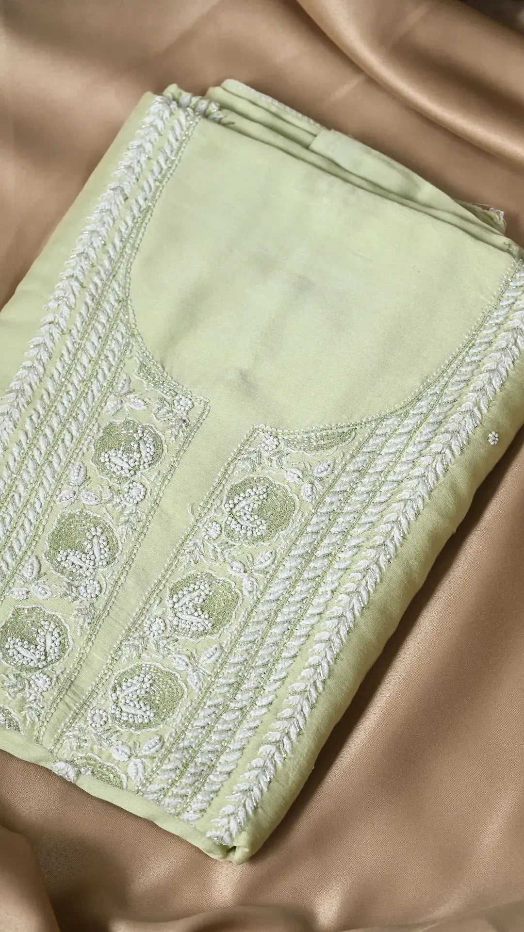 Chanderi Length with Dupatta - Light Green with Handcrafted Lucknawi Chikankari Embellishments