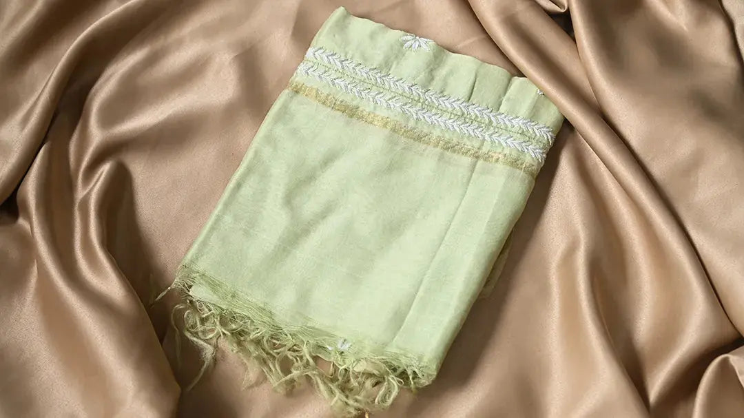 Chanderi Length with Dupatta - Light Green with Handcrafted Lucknawi Chikankari Embellishments