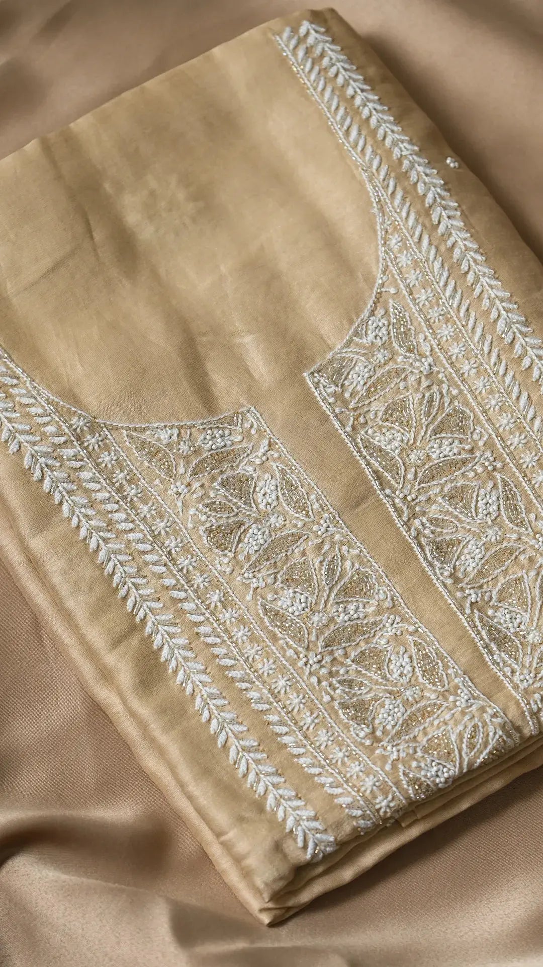 Chanderi Length with Dupatta - Gold Beige: Handcrafted adorned with Authentic Lucknawi Chikankari Details