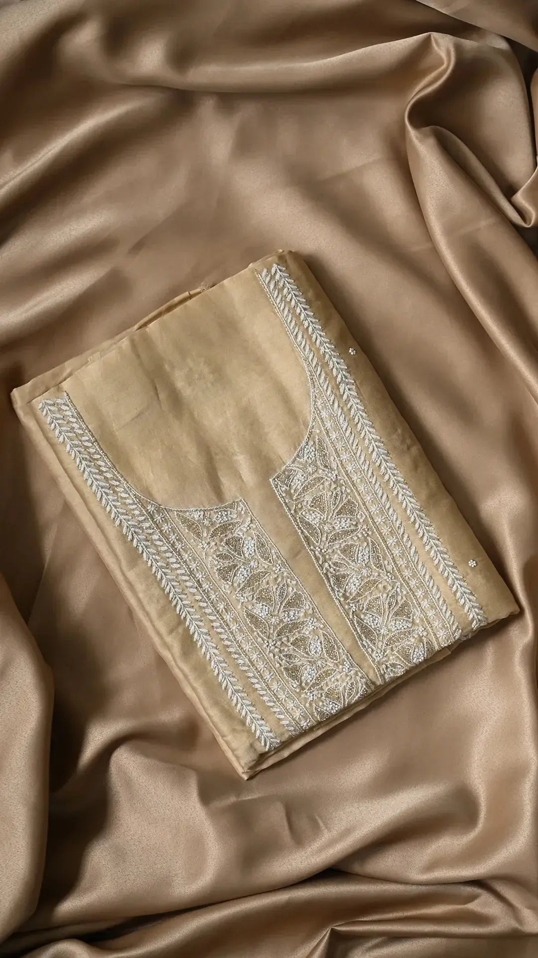 Chanderi Length with Dupatta - Gold Beige: Handcrafted adorned with Authentic Lucknawi Chikankari Details