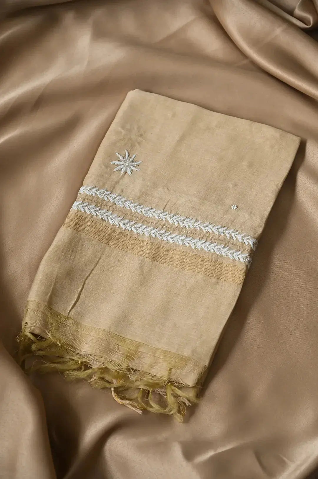 Chanderi Length with Dupatta - Gold Beige: Handcrafted adorned with Authentic Lucknawi Chikankari Details