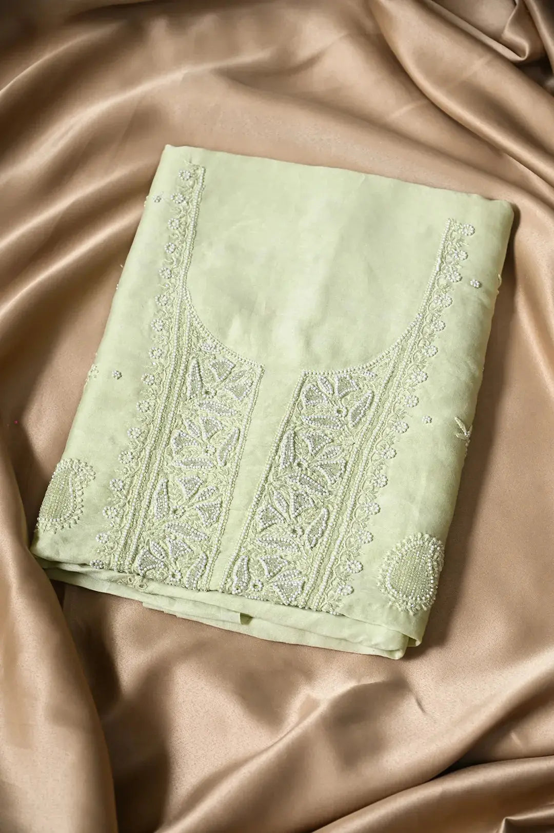 Chanderi Length with Dupatta - Light Green 2 with Handcrafted Lucknawi Chikankari Embellishments