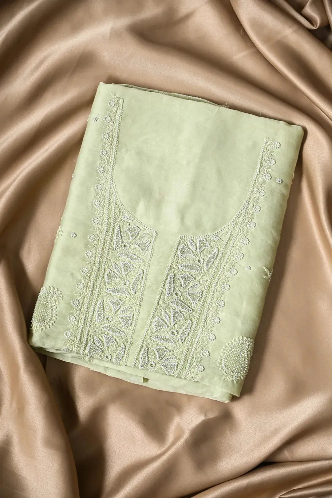 Chanderi Length with Dupatta - Light Green 2 with Handcrafted Lucknawi Chikankari Embellishments