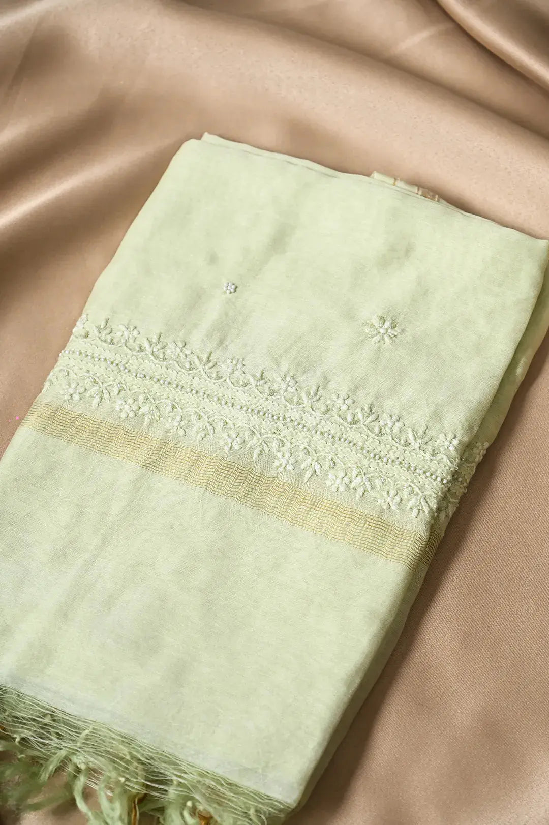 Chanderi Length with Dupatta - Light Green 2 with Handcrafted Lucknawi Chikankari Embellishments