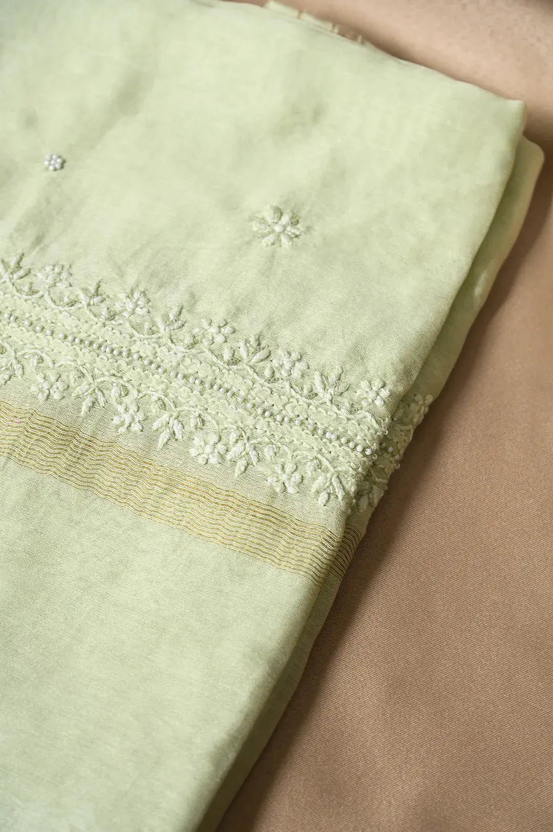 Chanderi Length with Dupatta - Light Green 2 with Handcrafted Lucknawi Chikankari Embellishments