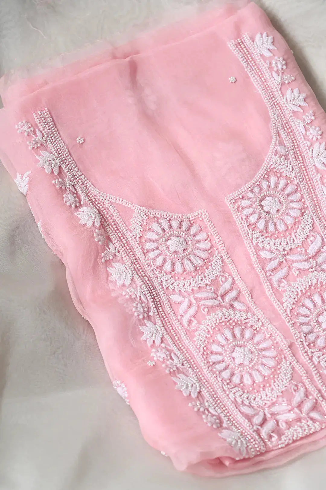 Organza Length with Dupatta (Pearl Work) - Pink: Graceful Handcrafted Traditional Chikan Embroidery