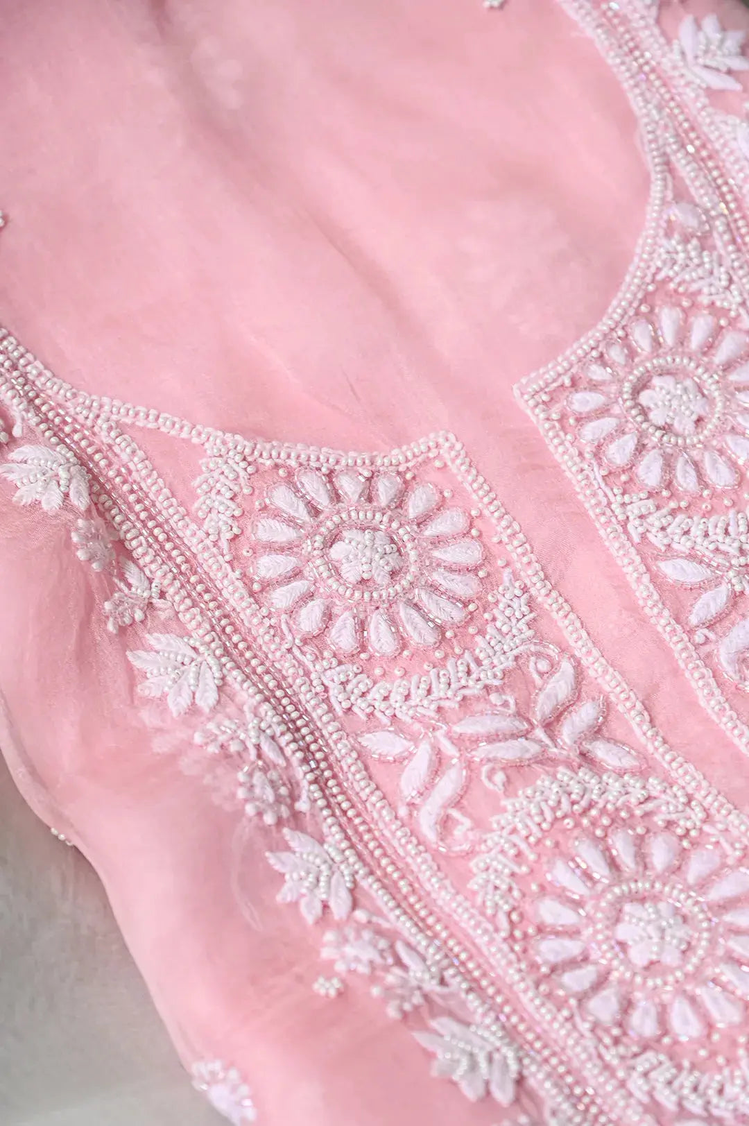 Organza Length with Dupatta (Pearl Work) - Pink: Graceful Handcrafted Traditional Chikan Embroidery