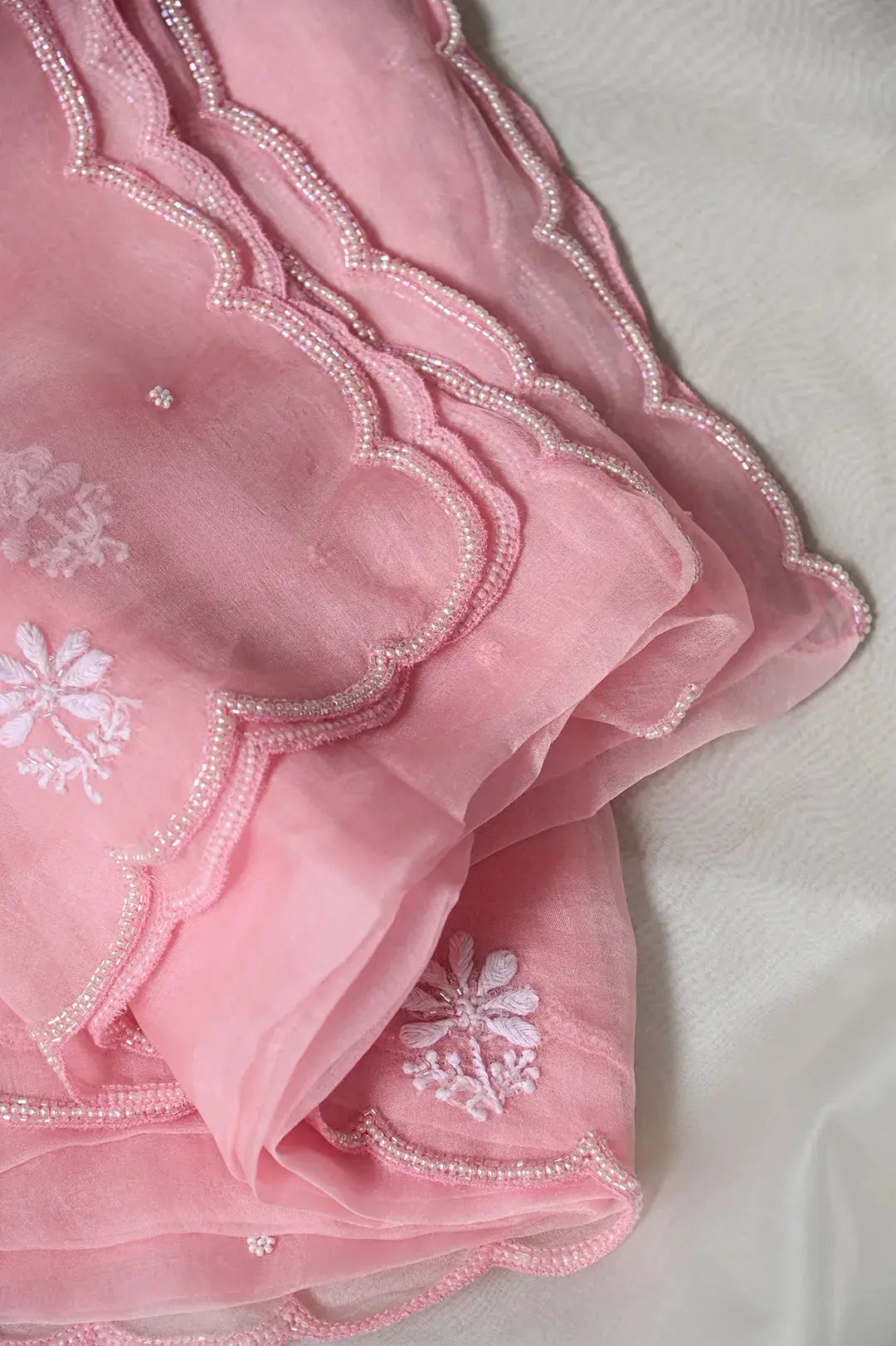 Organza Length with Dupatta (Pearl Work) - Pink: Graceful Handcrafted Traditional Chikan Embroidery