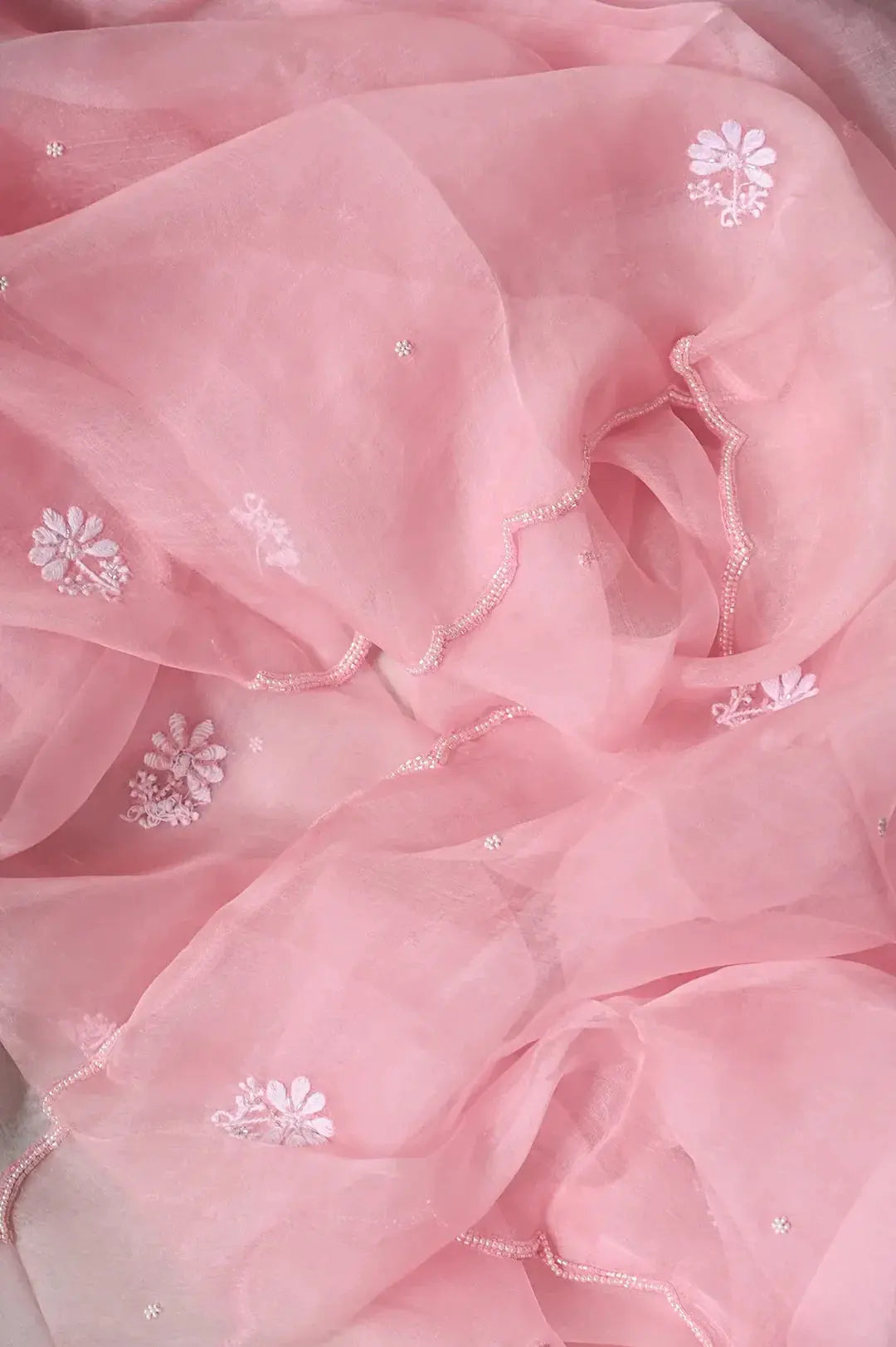 Organza Length with Dupatta (Pearl Work) - Pink: Graceful Handcrafted Traditional Chikan Embroidery