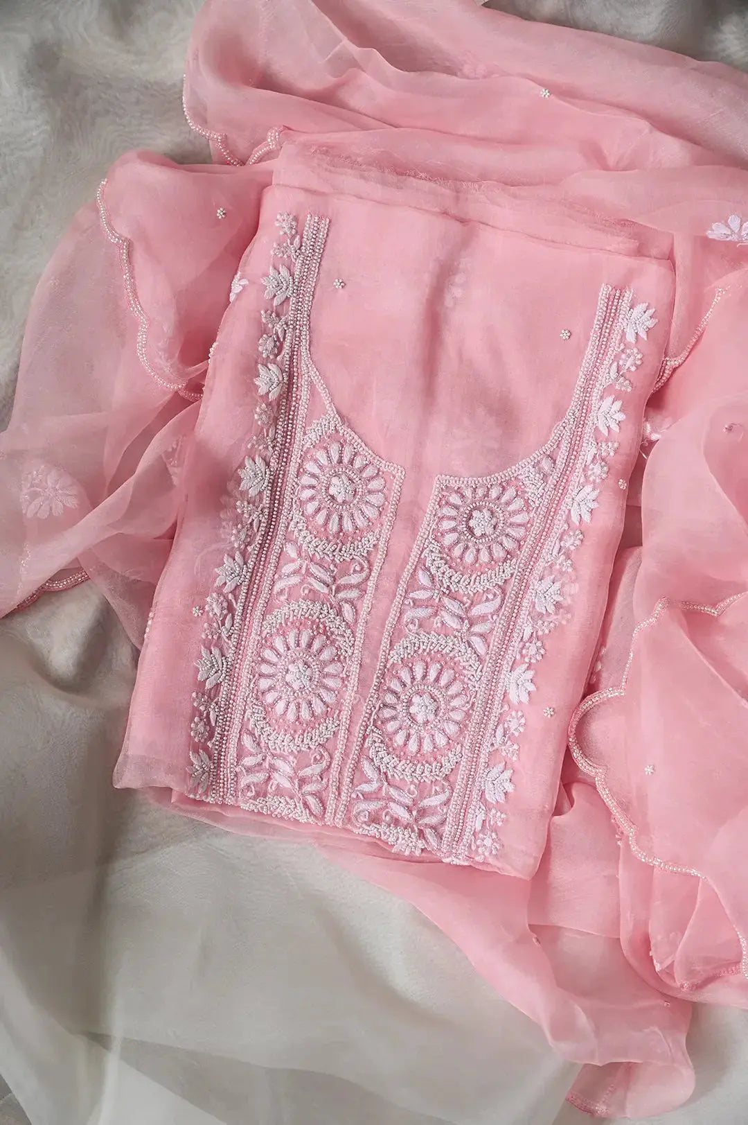 Organza Length with Dupatta (Pearl Work) - Pink: Graceful Handcrafted Traditional Chikan Embroidery