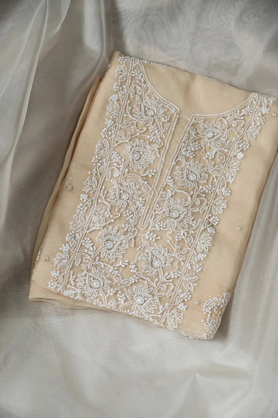 Organza Length with Dupatta (Pearl Work) - Beige: Luxurious Lucknawi Chikankari Craft