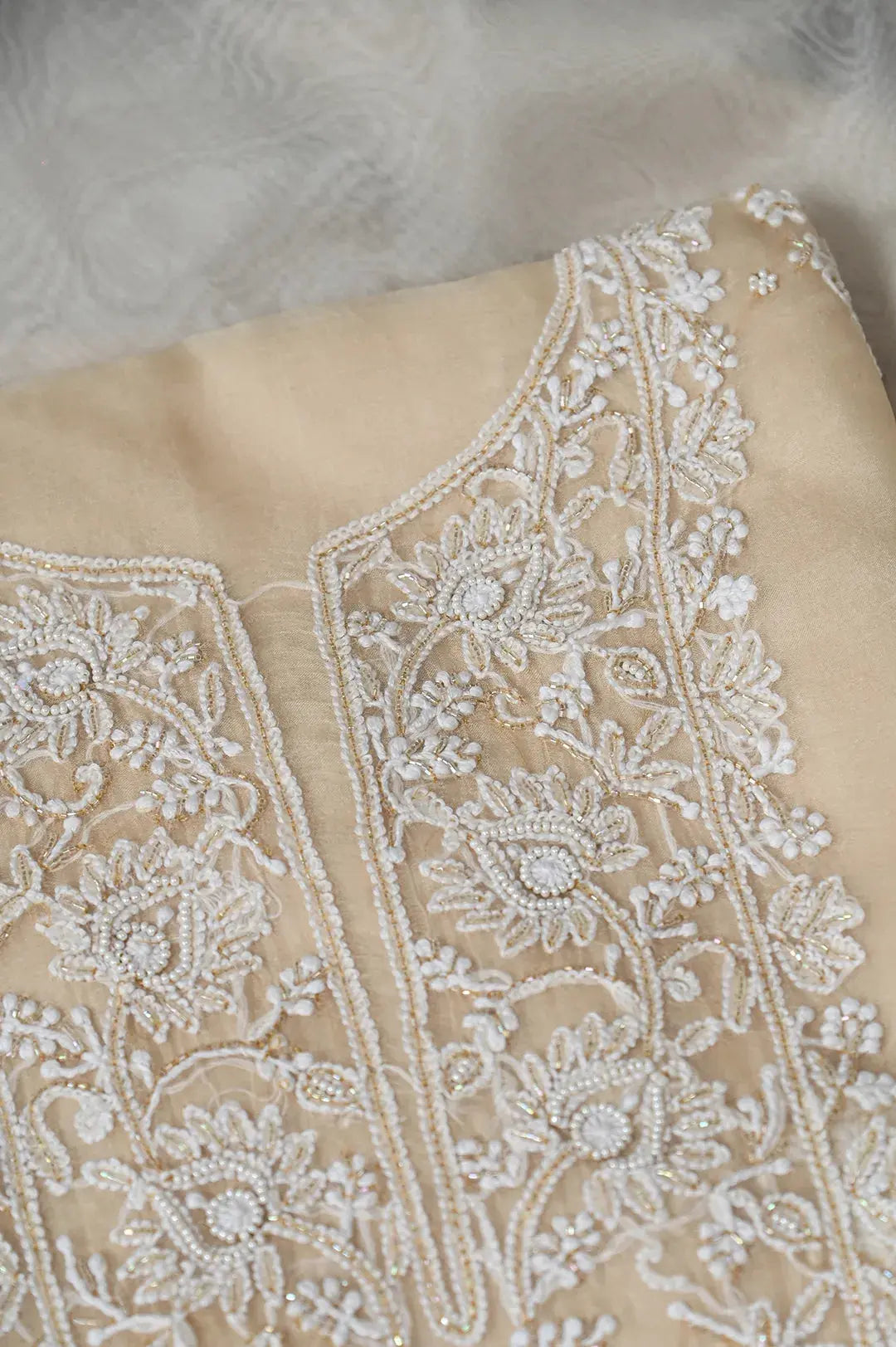 Organza Length with Dupatta (Pearl Work) - Beige: Luxurious Lucknawi Chikankari Craft