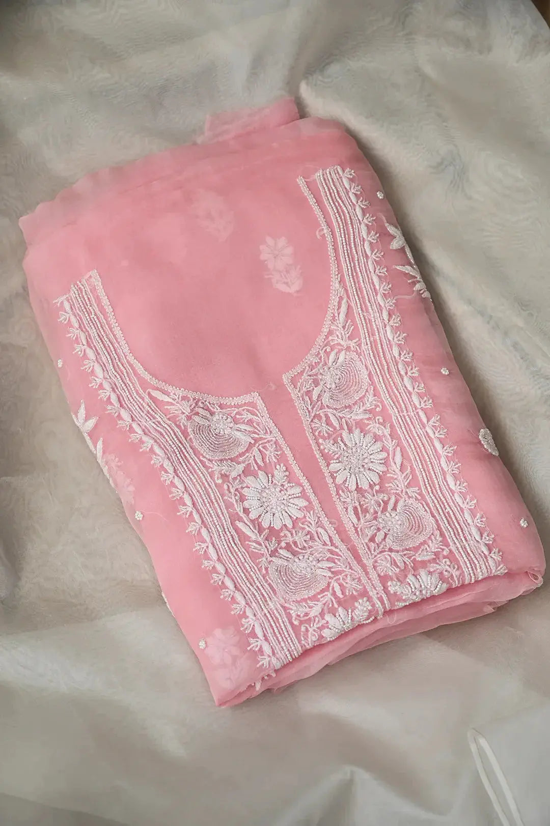 Organza Length with Dupatta (Pearl Work) - Pink: Graceful Handcrafted Traditional Chikan Embroidery