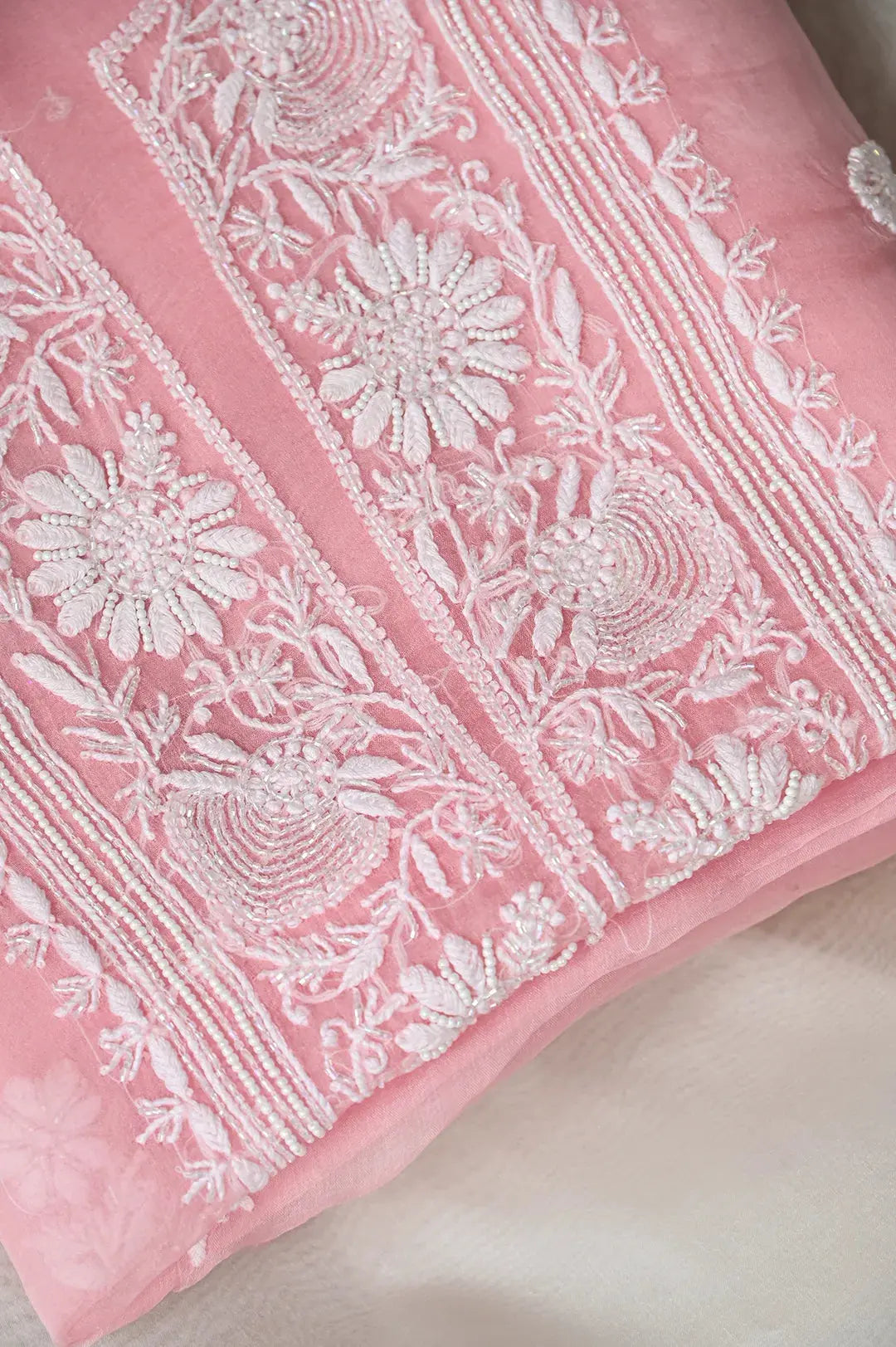 Organza Length with Dupatta (Pearl Work) - Pink: Graceful Handcrafted Traditional Chikan Embroidery