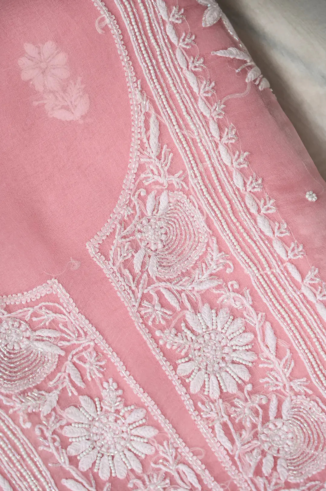 Organza Length with Dupatta (Pearl Work) - Pink: Graceful Handcrafted Traditional Chikan Embroidery