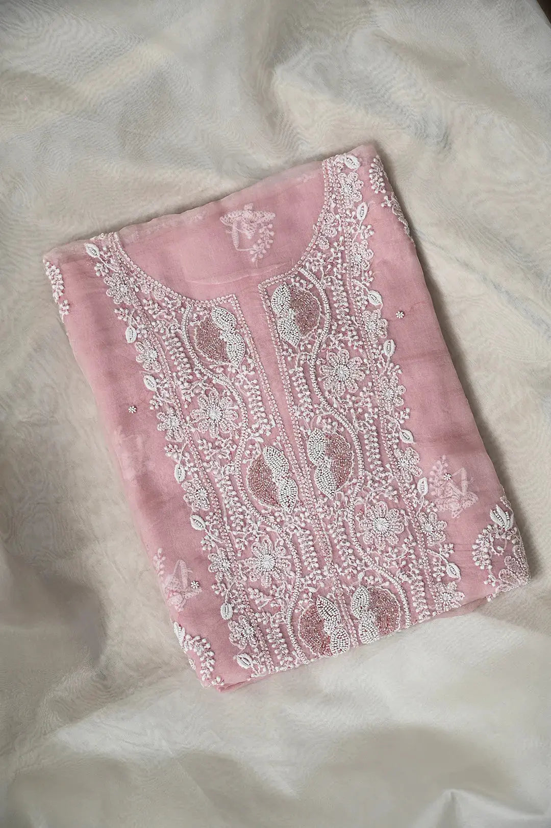 Organza Length with Dupatta (Pearl Work) - Blush Pink: Handcrafted Classic Chikan Elegance