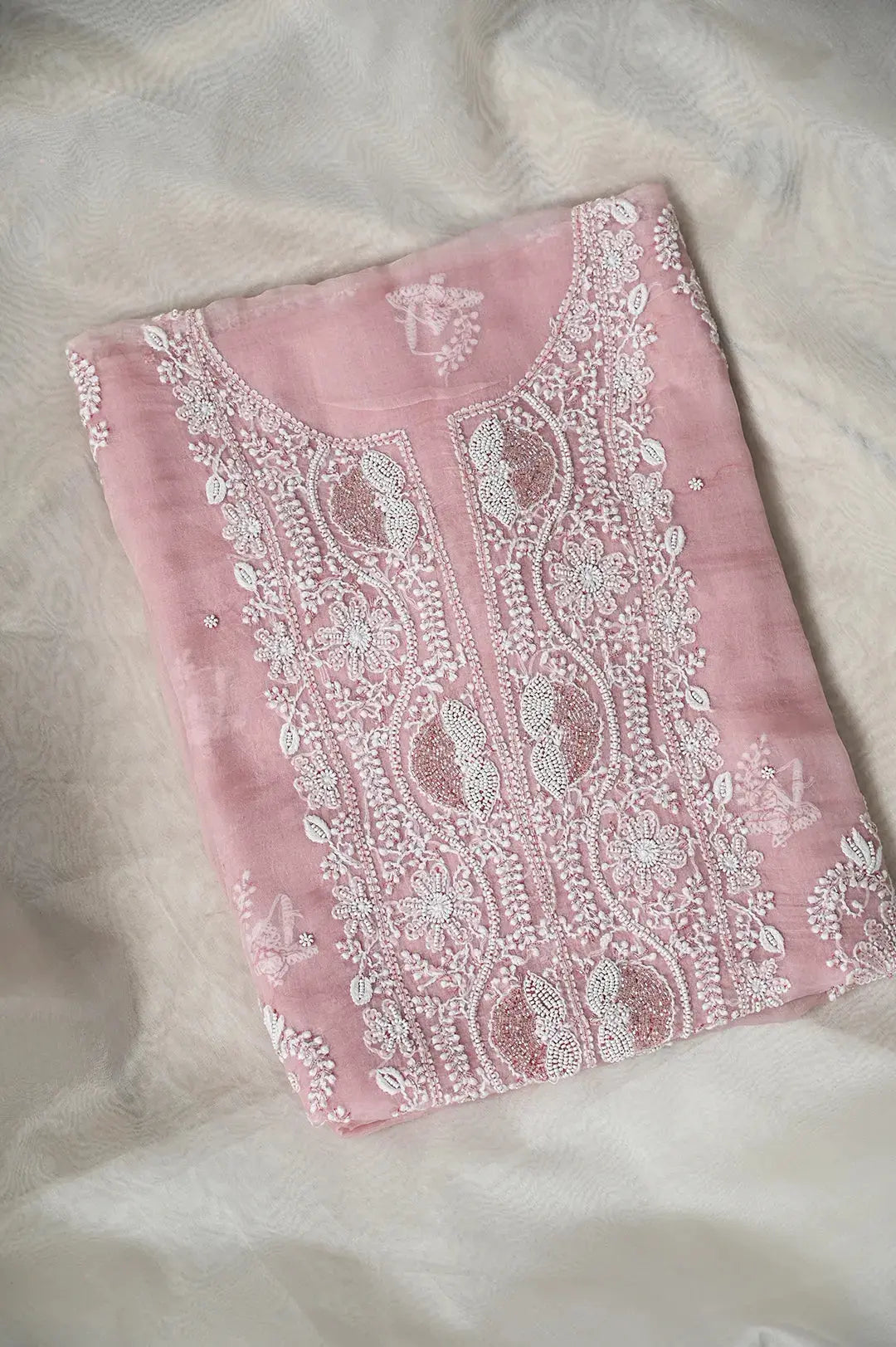 Organza Length with Dupatta (Pearl Work) - Blush Pink: Handcrafted Classic Chikan Elegance