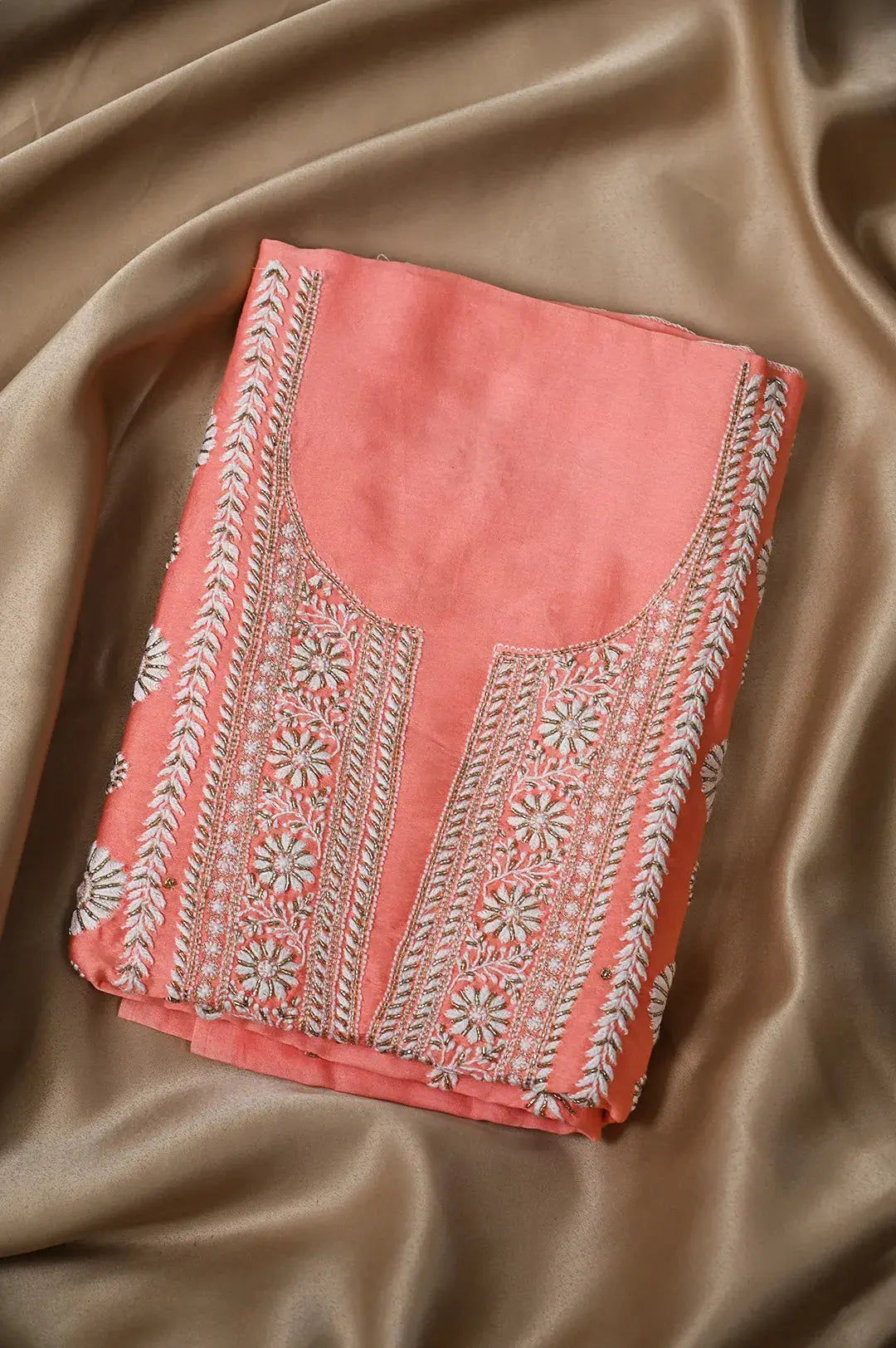 Chanderi Length Mukaish with Dupatta - Orange: Elegance in Handcrafted Lucknawi Chikankari Embroidery