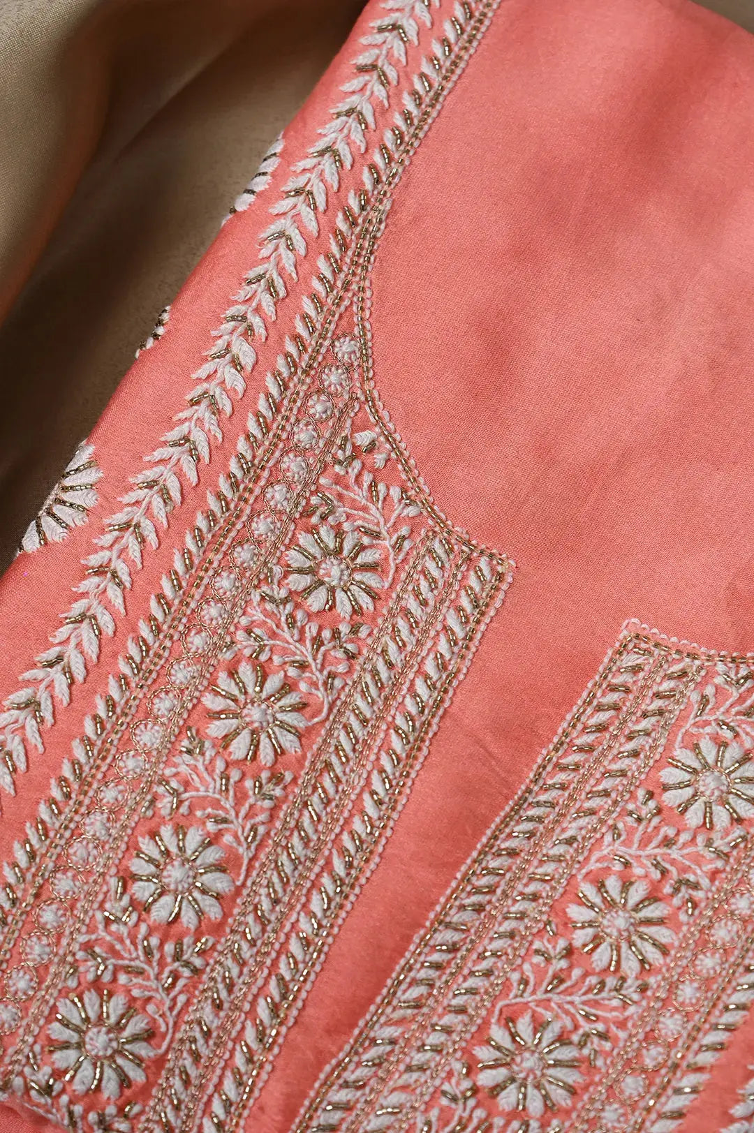 Chanderi Length Mukaish with Dupatta - Orange: Elegance in Handcrafted Lucknawi Chikankari Embroidery