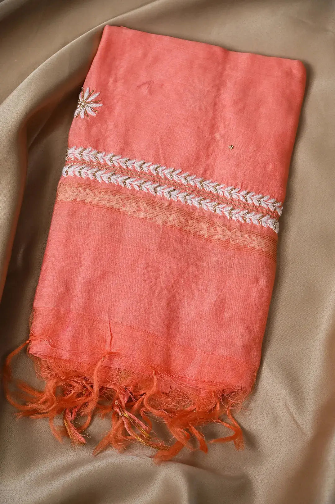 Chanderi Length Mukaish with Dupatta - Orange: Elegance in Handcrafted Lucknawi Chikankari Embroidery