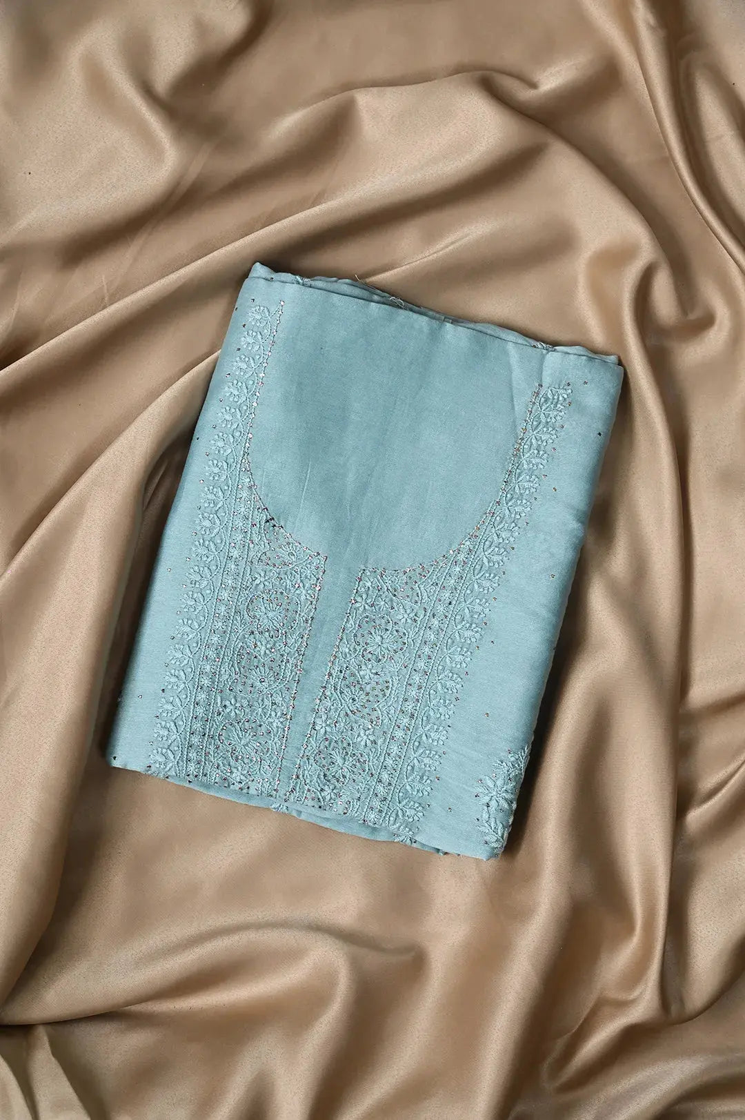 Chanderi Length Mukaish with Dupatta - Tiffany Green: adorned with Authentic Lucknawi Chikankari Details