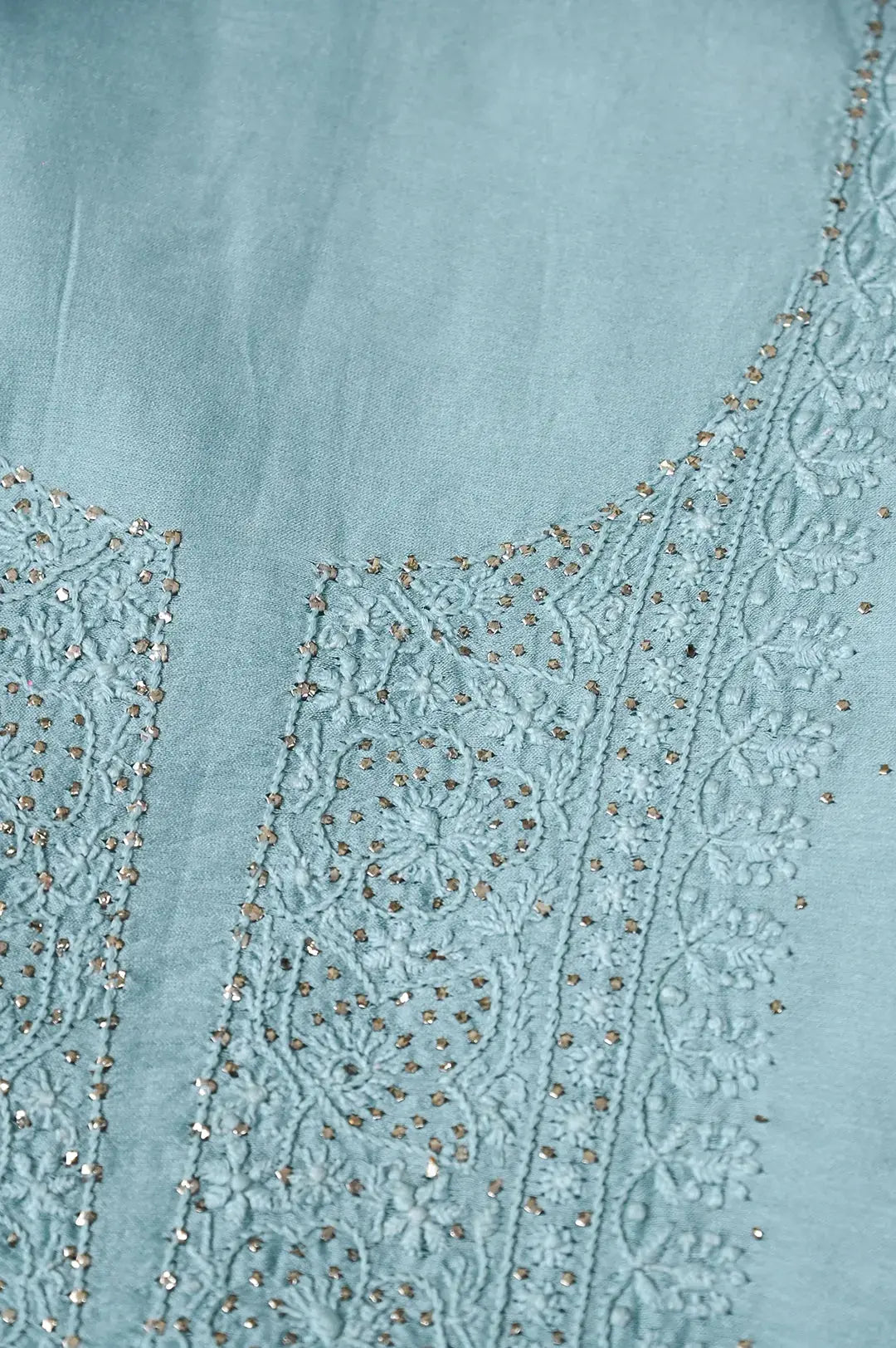 Chanderi Length Mukaish with Dupatta - Tiffany Green: adorned with Authentic Lucknawi Chikankari Details