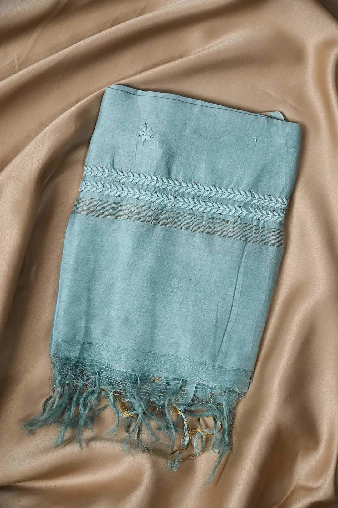 Chanderi Length Mukaish with Dupatta - Tiffany Green: adorned with Authentic Lucknawi Chikankari Details