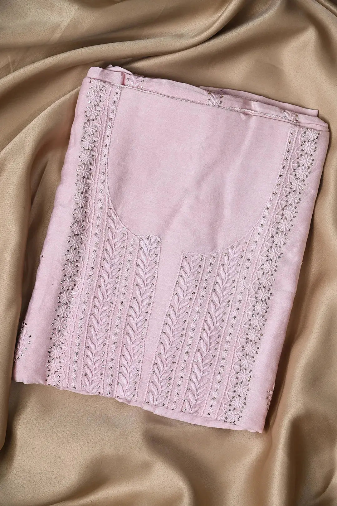 Chanderi Length Mukaish with Dupatta - Pale Pink: adorned with Authentic Lucknawi Chikankari Details