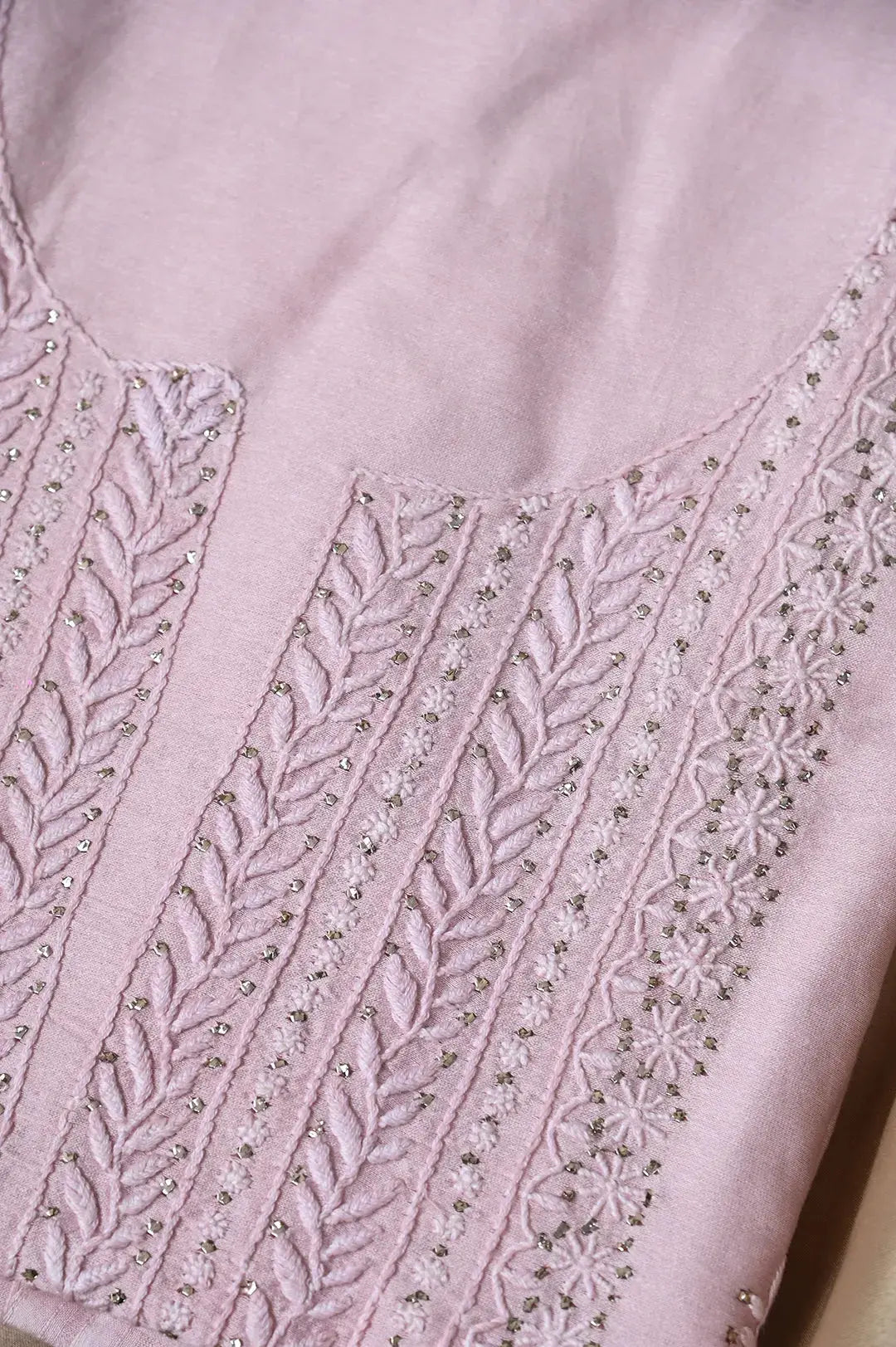 Chanderi Length Mukaish with Dupatta - Pale Pink: adorned with Authentic Lucknawi Chikankari Details