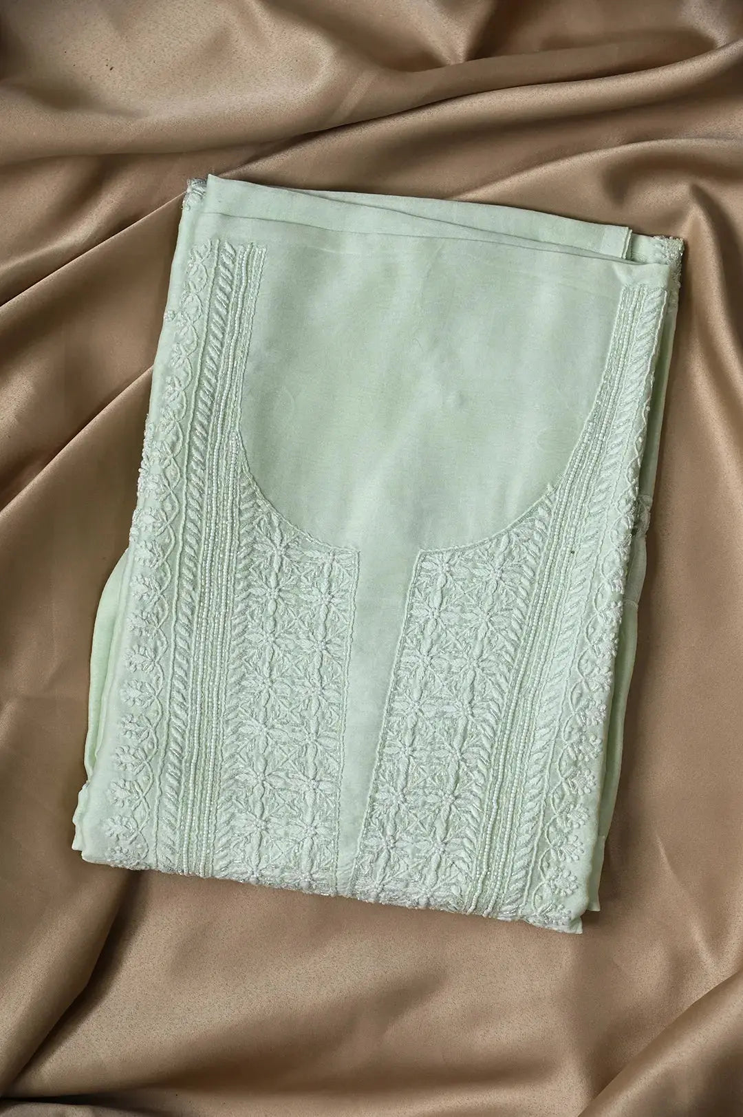 Chanderi Length with Dupatta - Light Green 3 with Handcrafted Lucknawi Chikankari Embellishments