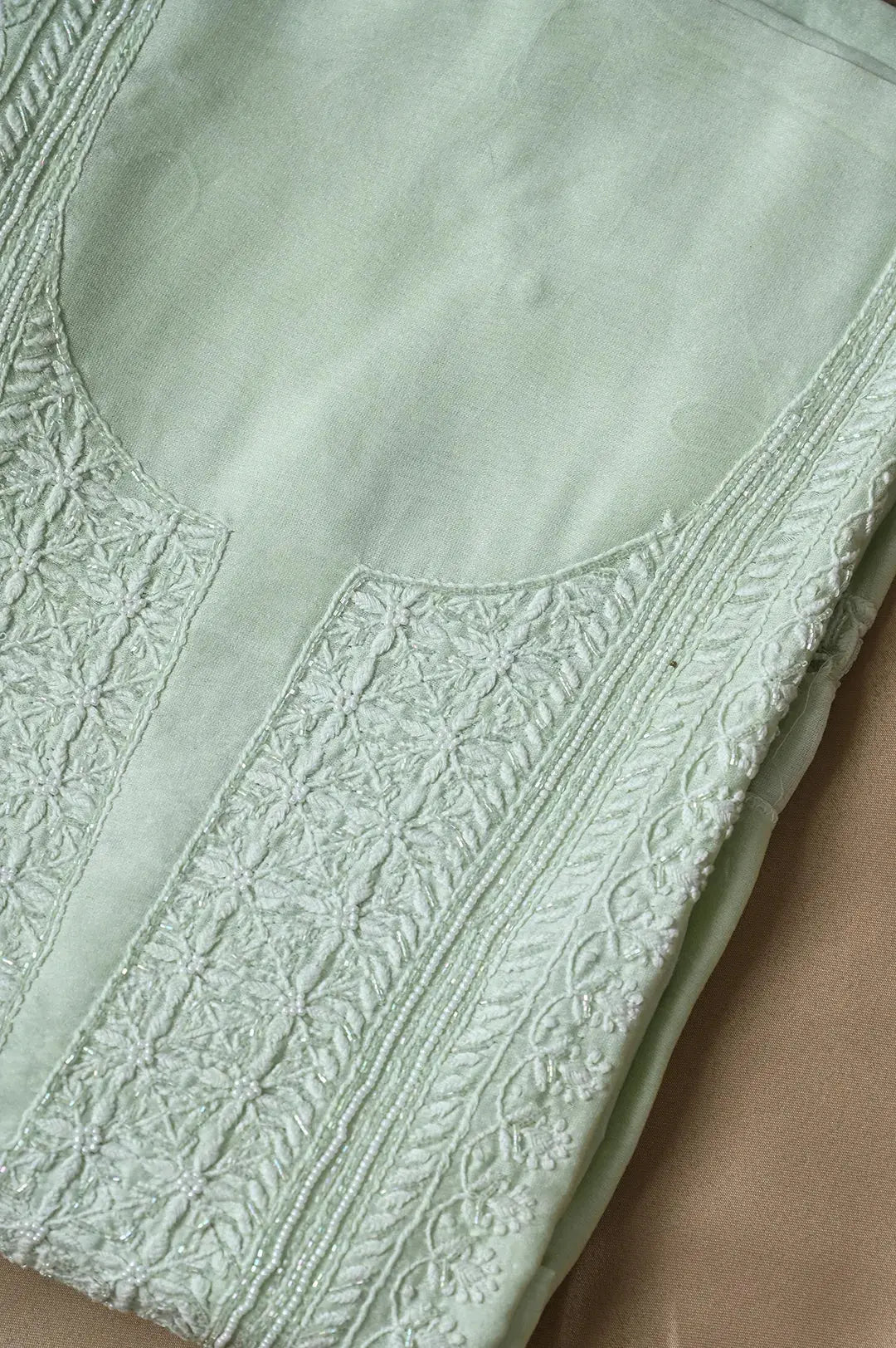 Chanderi Length with Dupatta - Light Green 3 with Handcrafted Lucknawi Chikankari Embellishments