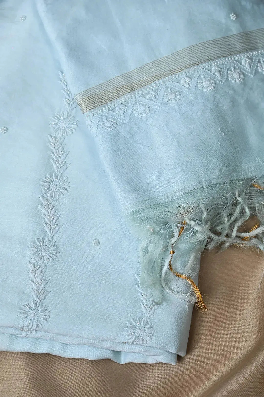 Chanderi Length with Dupatta - Sky Blue: Elegance in Handcrafted Lucknawi Chikankari Embroidery