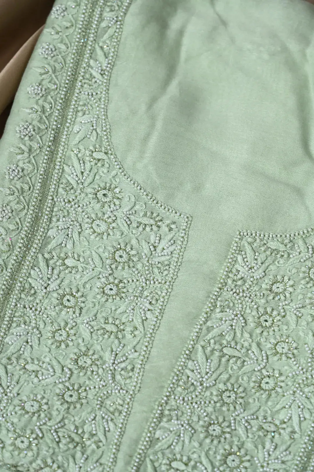 Chanderi Length with Dupatta - Sage Green: adorned with Authentic Lucknawi Chikankari Details