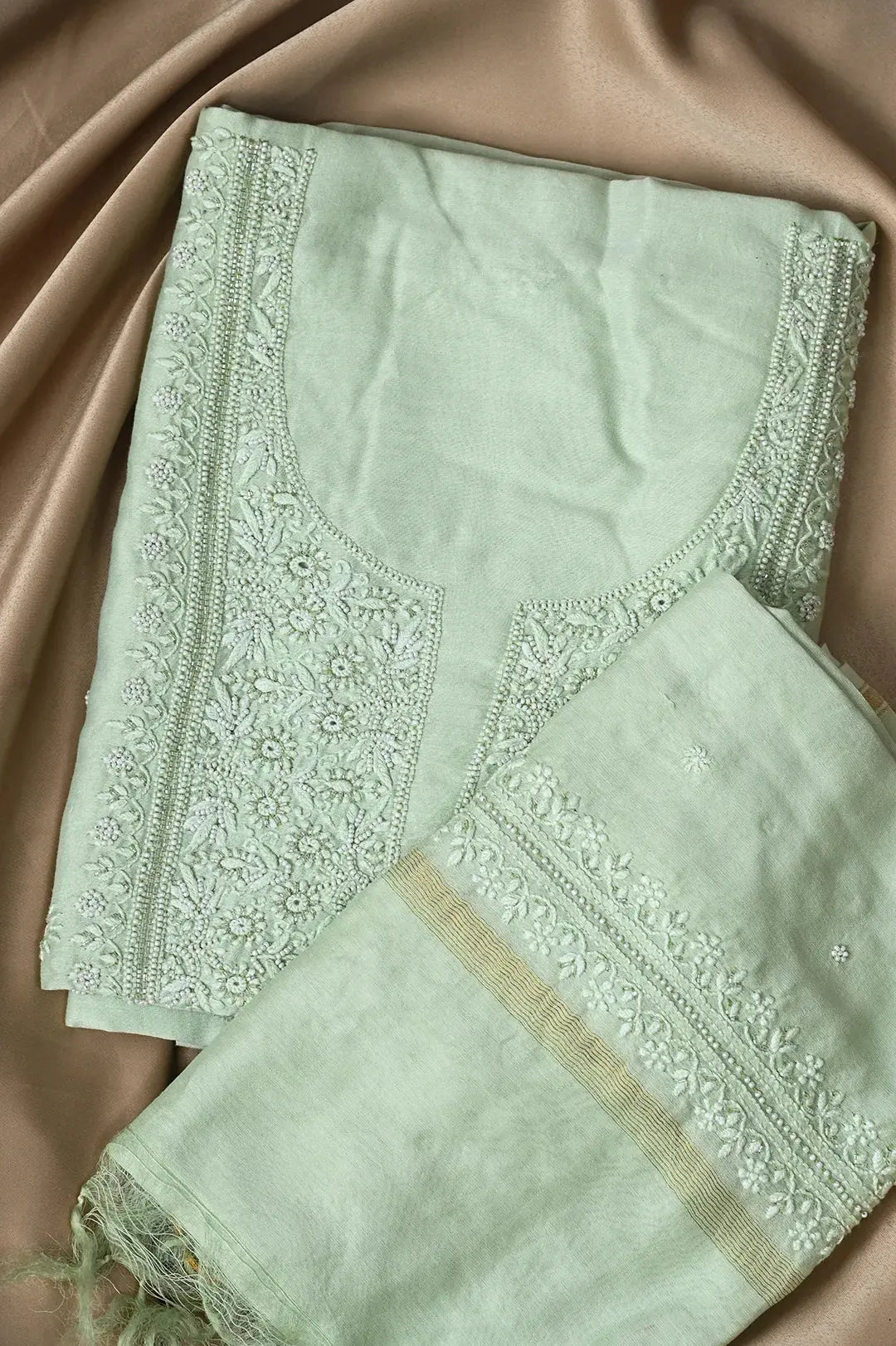 Chanderi Length with Dupatta - Sage Green: adorned with Authentic Lucknawi Chikankari Details