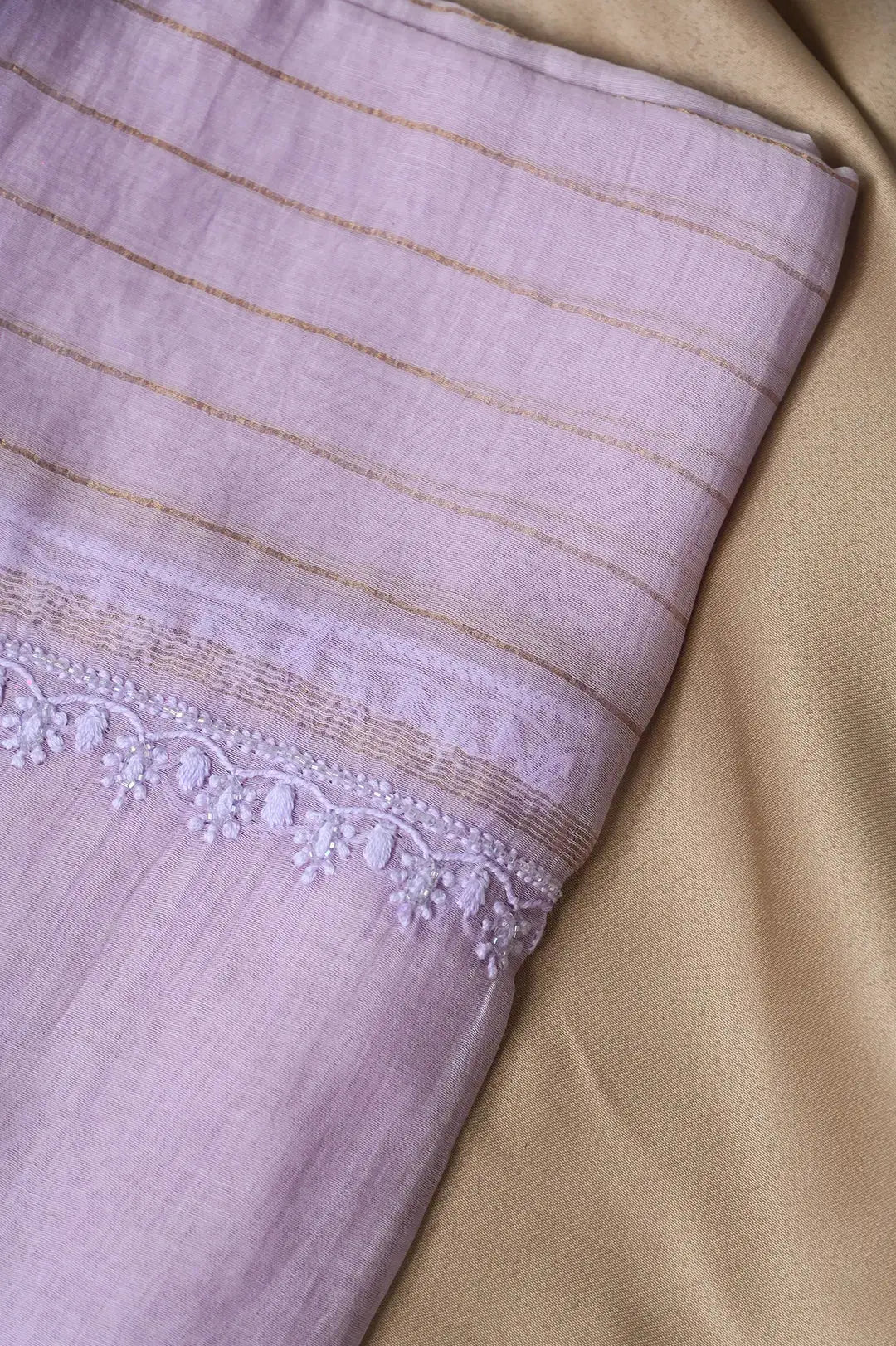 Mul Chanderi Length with Dupatta (with Pearl) - Lilac - Lucknawi Chikankari