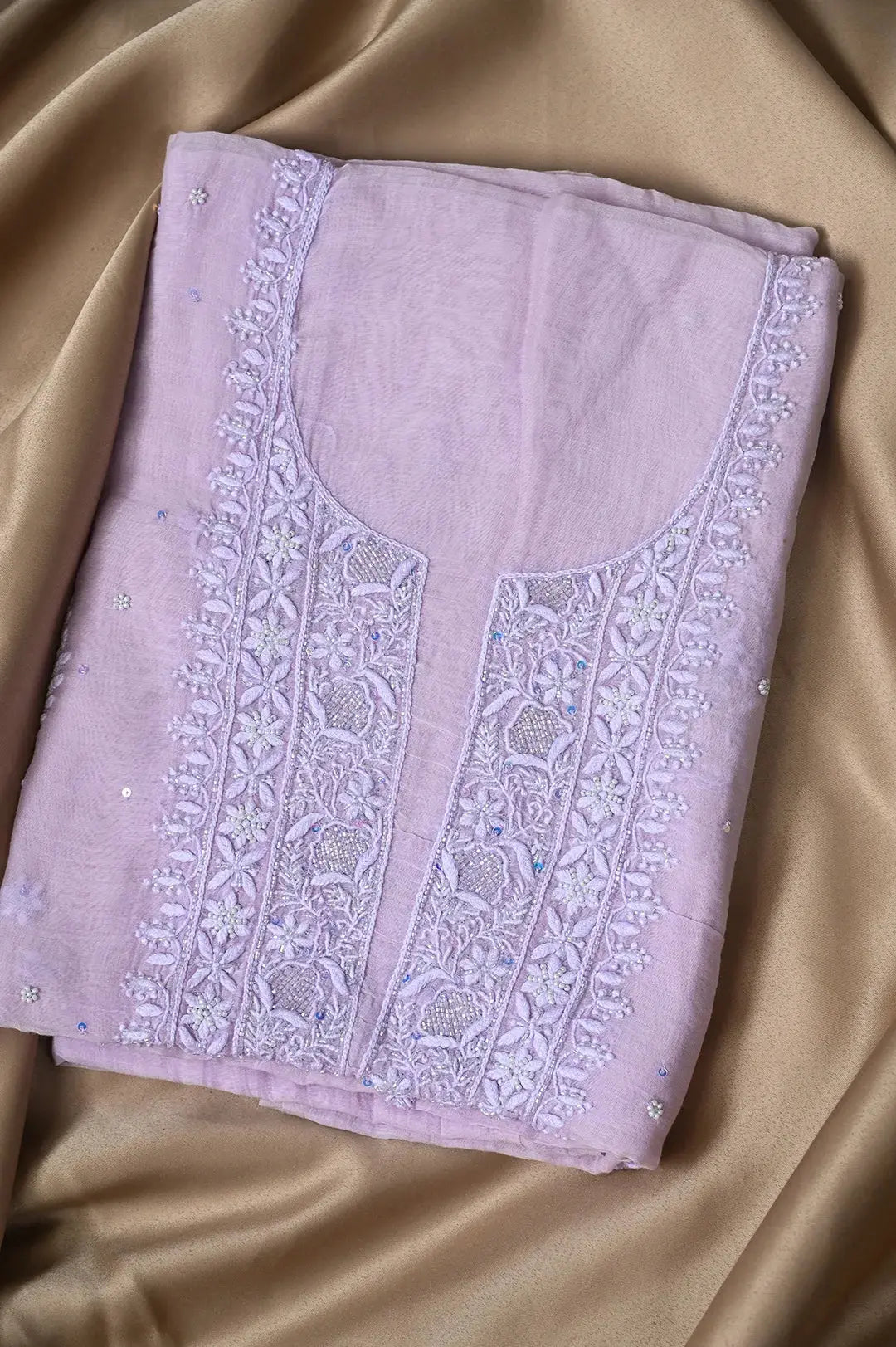 Mul Chanderi Length with Dupatta (with Pearl) - Lilac - Lucknawi Chikankari