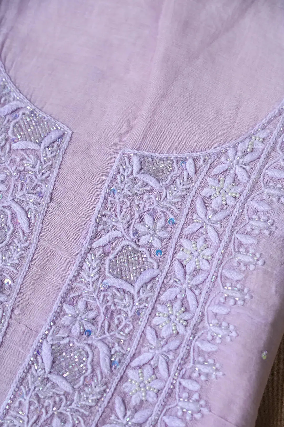 Mul Chanderi Length with Dupatta (with Pearl) - Lilac - Lucknawi Chikankari