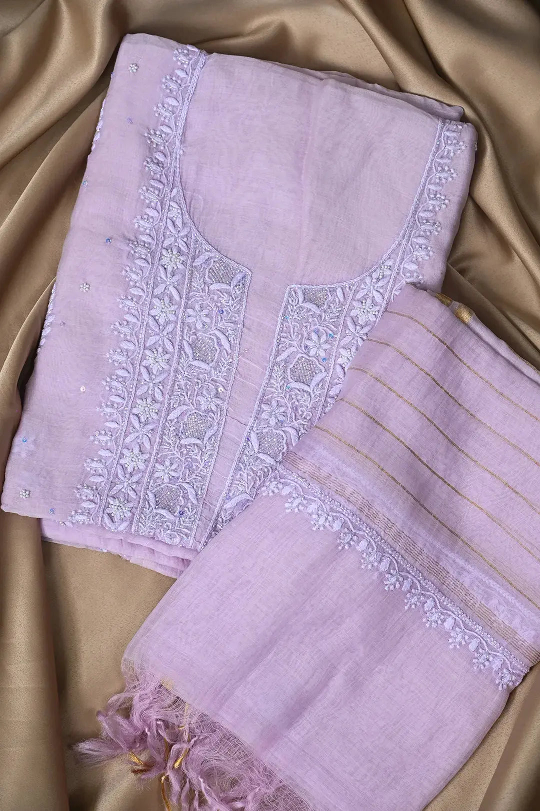 Mul Chanderi Length with Dupatta (with Pearl) - Lilac - Lucknawi Chikankari