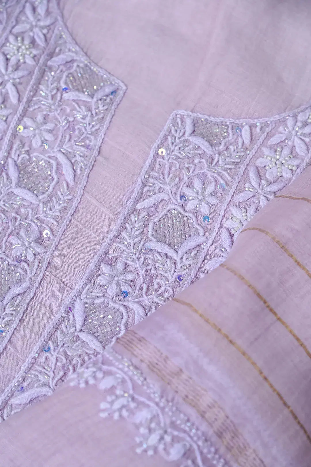 Mul Chanderi Length with Dupatta (with Pearl) - Lilac - Lucknawi Chikankari