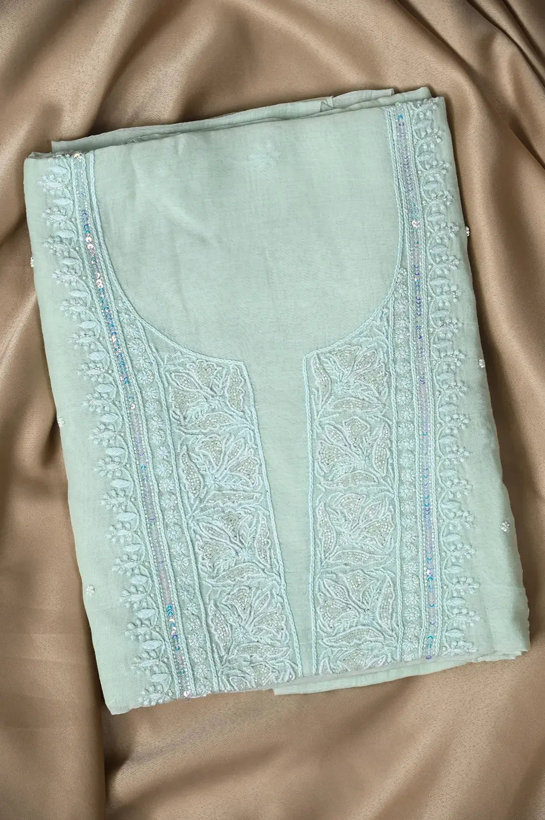 Mul Chanderi Length with Dupatta (with Pearl) - Sheen Green - Lucknawi Chikankari