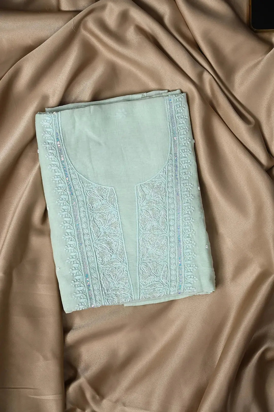 Mul Chanderi Length with Dupatta (with Pearl) - Sheen Green - Lucknawi Chikankari