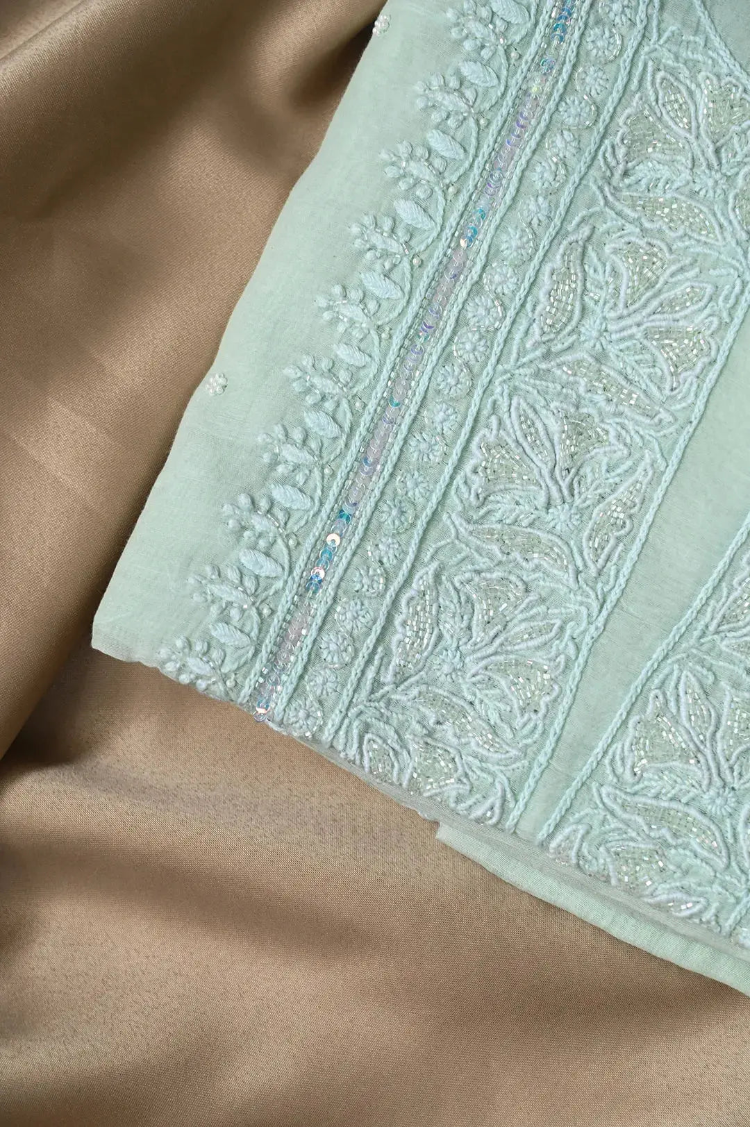 Mul Chanderi Length with Dupatta (with Pearl) - Sheen Green - Lucknawi Chikankari