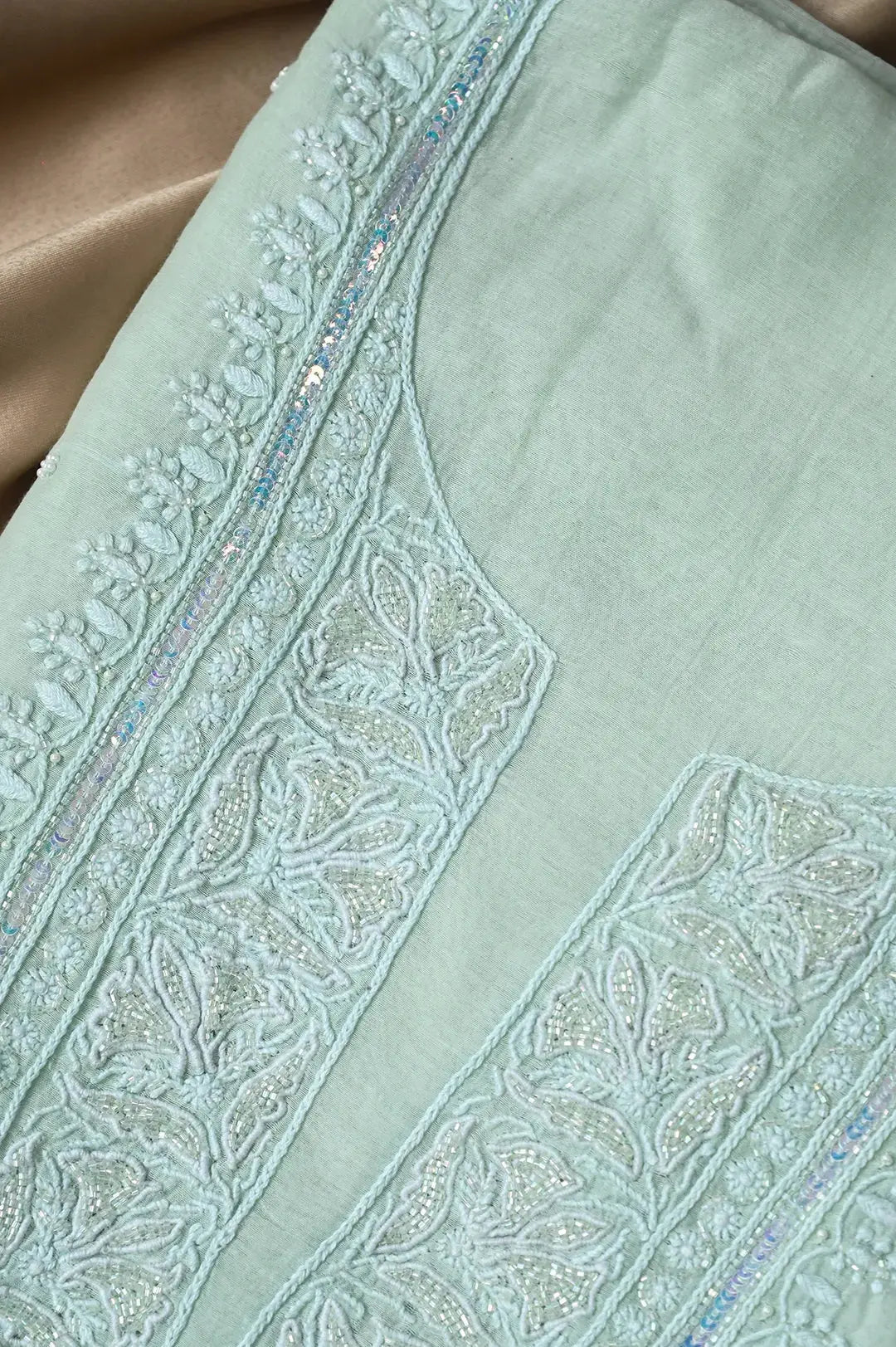 Mul Chanderi Length with Dupatta (with Pearl) - Sheen Green - Lucknawi Chikankari