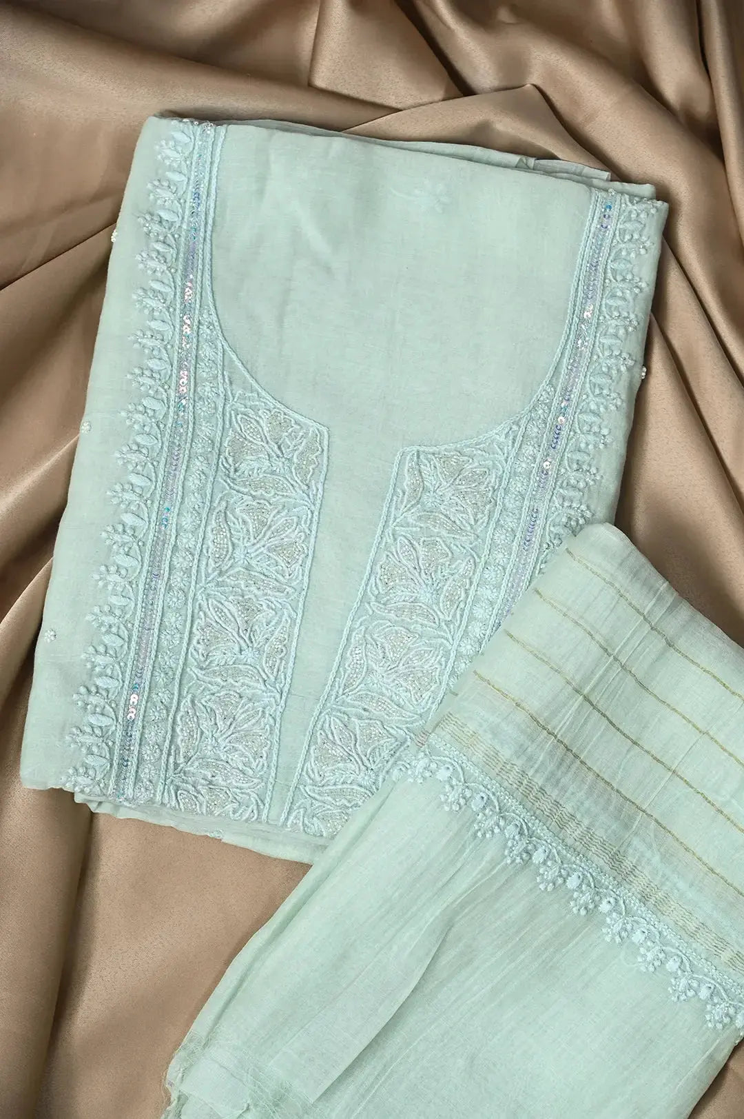 Mul Chanderi Length with Dupatta (with Pearl) - Sheen Green - Lucknawi Chikankari