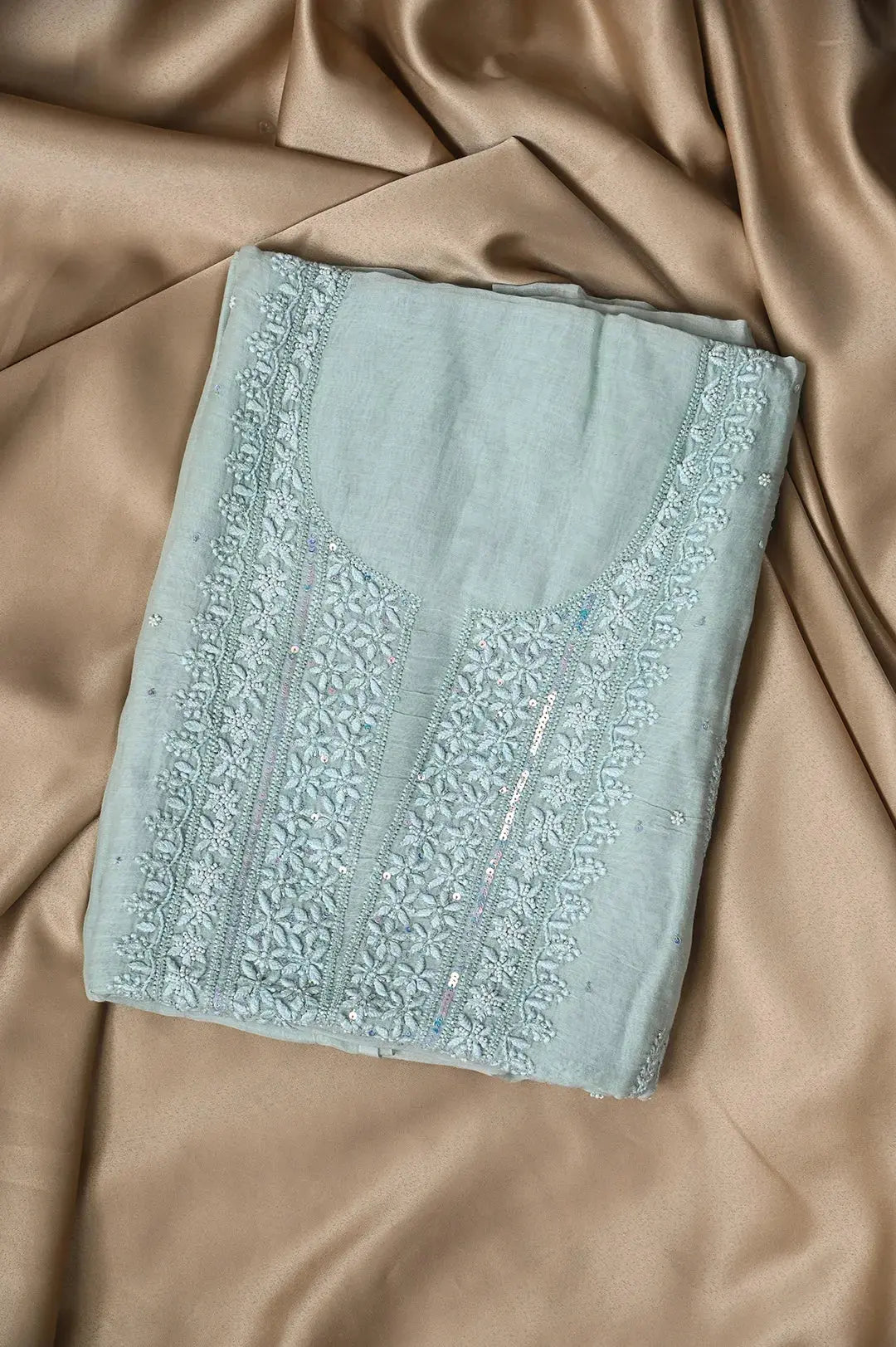 Mul Chanderi Length with Dupatta (with Pearl) - Tiffany Green - Lucknawi Chikankari